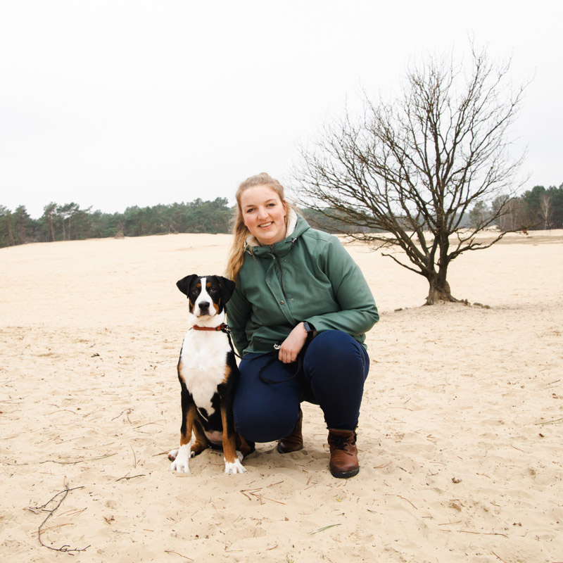 Meer over fotograaf Angela Kiemeneij. Hier is ze in de Loonse en Drunense duinen samen met hun hond Bo. Bo is een kruising tussen een Grote Zwitserse Sennen en een Berner Sennenhond